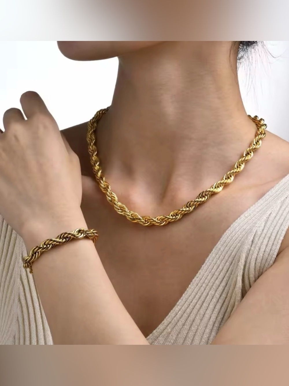 Twisted Rope Necklace Bracelet Set 18K Gold Stainless Steel